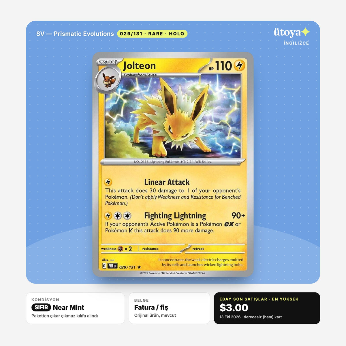 Jolteon 029/131 Prismatic Evolutions Pokémon kartı