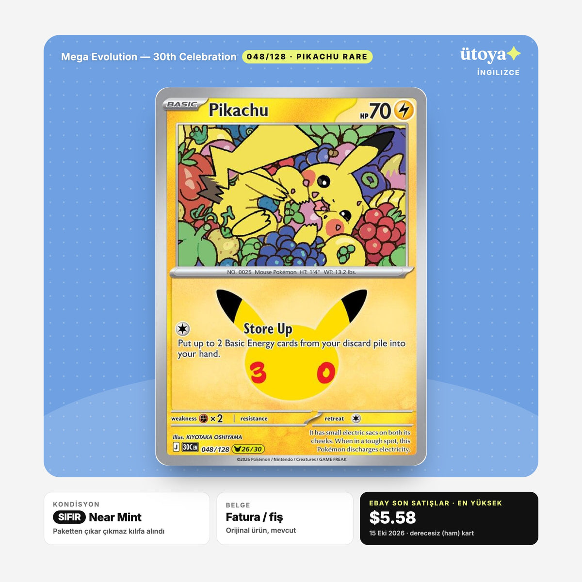 Pikachu 048/128 30th Celebration Pokémon kartı