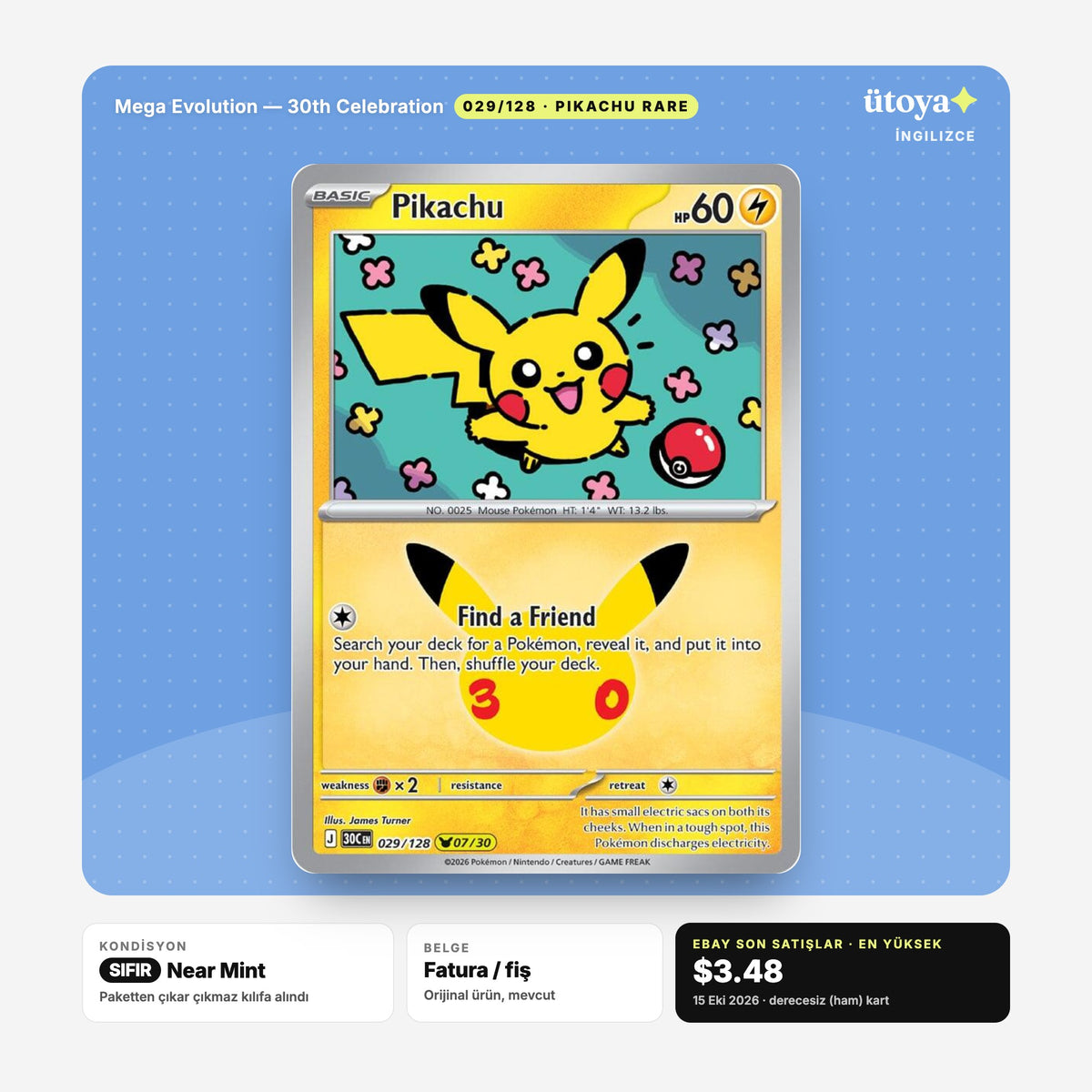 Pikachu 029/128 30th Celebration Pokémon kartı