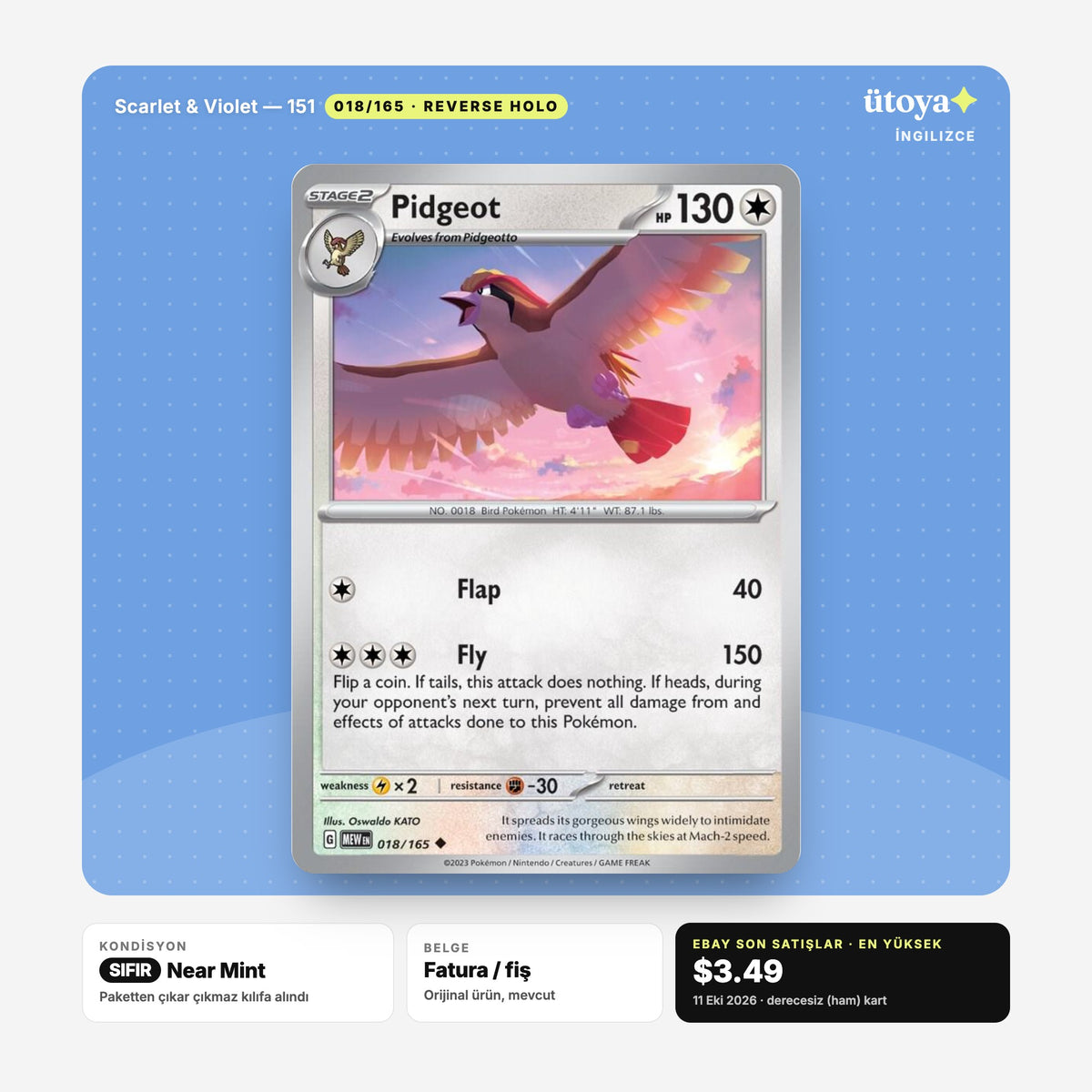 Pidgeot 018/165 151 Pokémon kartı