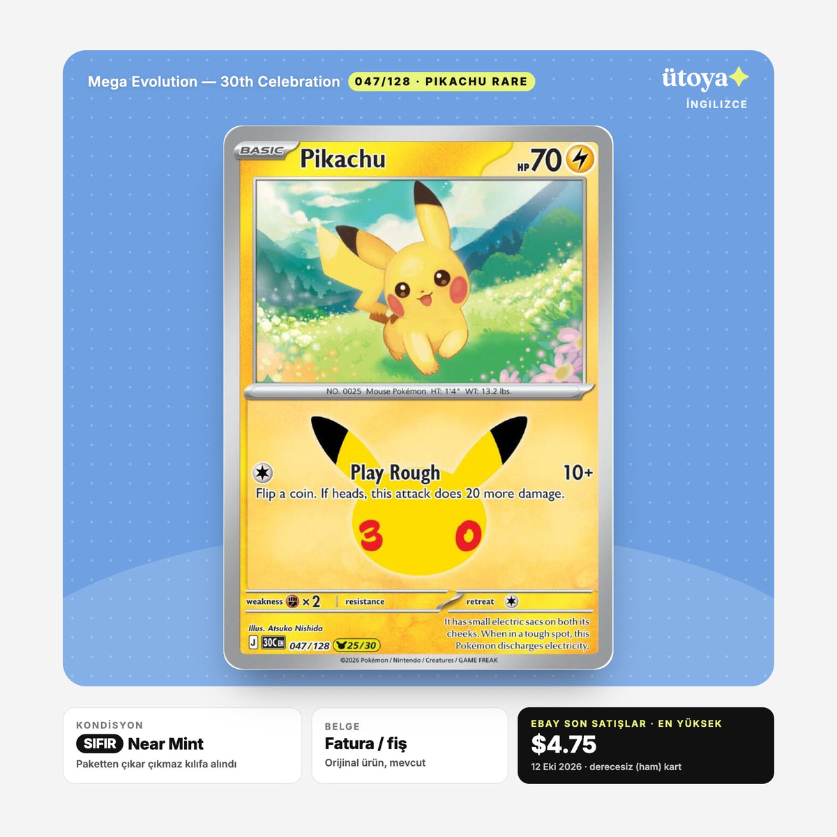 Pikachu 047/128 30th Celebration Pokémon kartı
