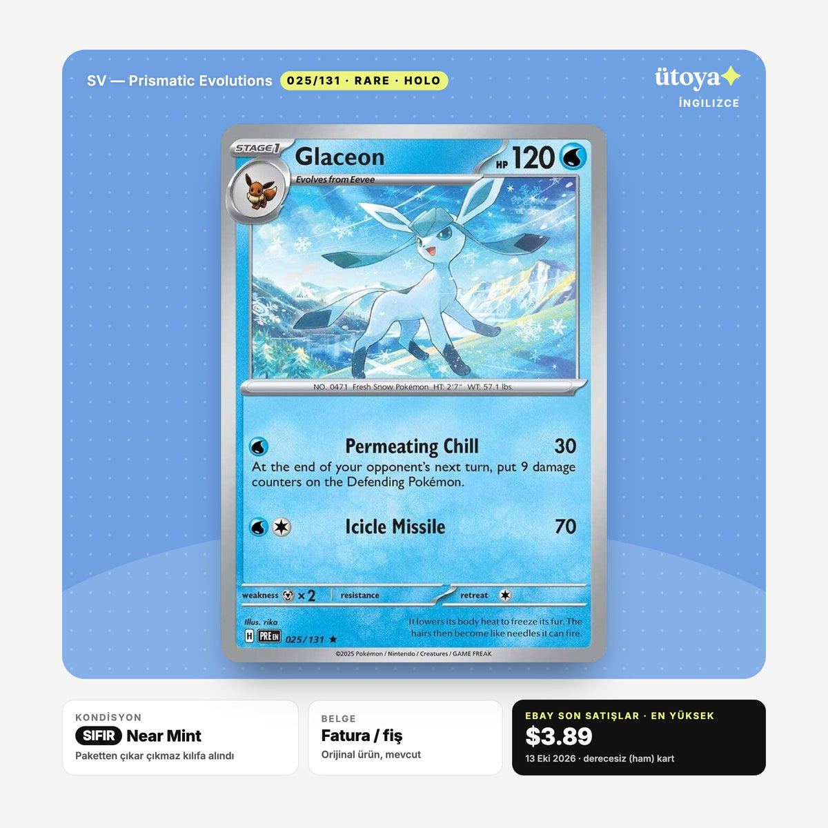 Glaceon 025/131 Prismatic Evolutions Pokémon kartı