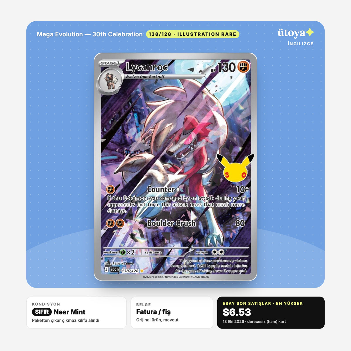 Lycanroc 138/128 30th Celebration Pokémon kartı