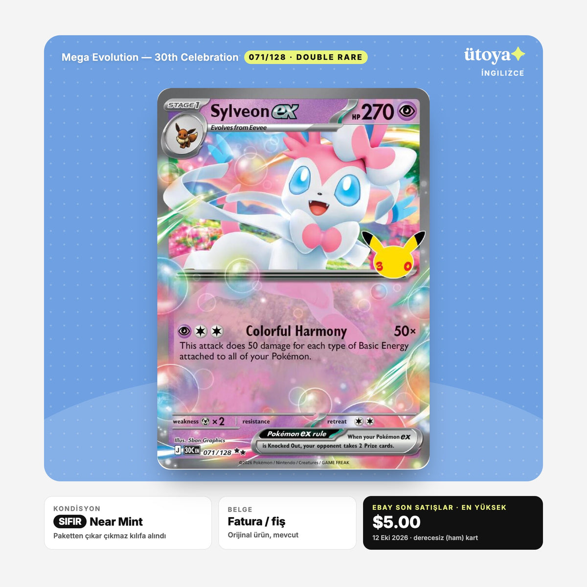Sylveon ex 071/128 30th Celebration Pokémon kartı