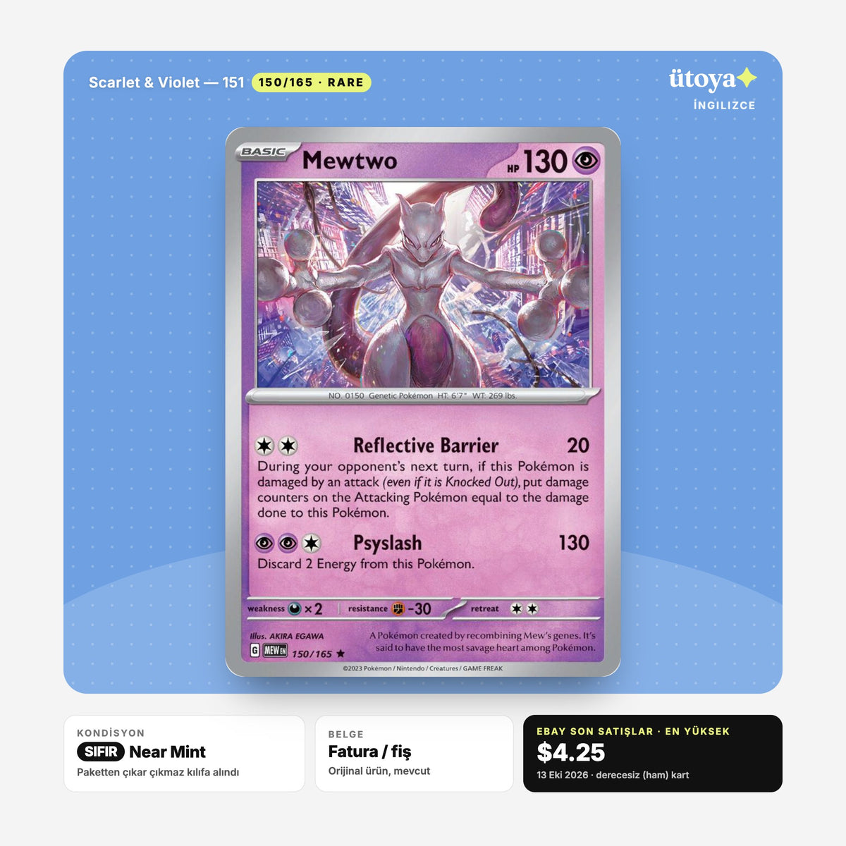 Mewtwo 150/165 151 Pokémon kartı