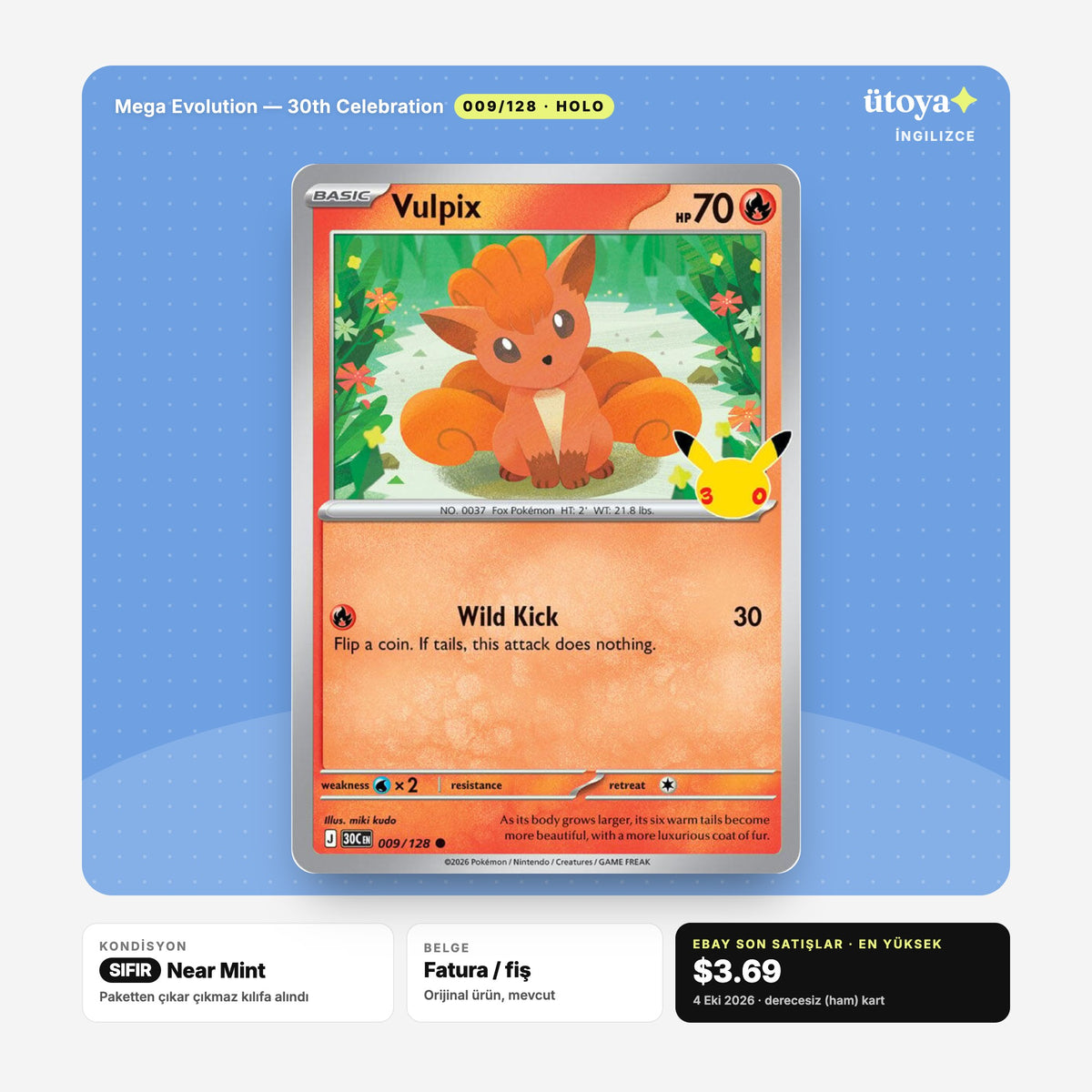 Vulpix 009/128 30th Celebration Pokémon kartı