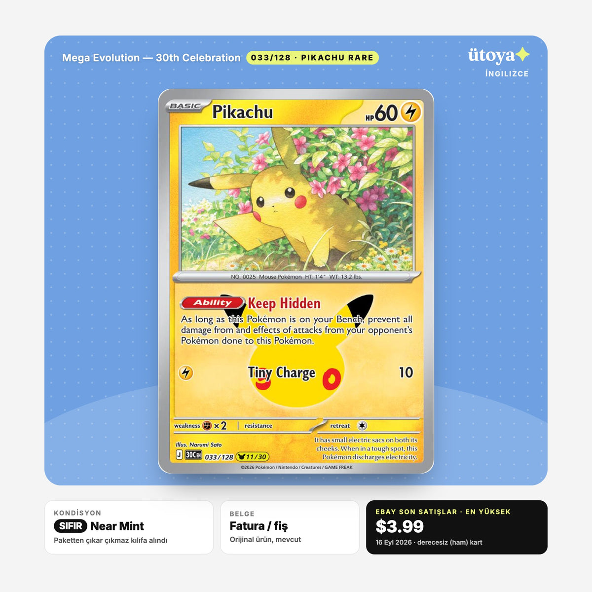 Pikachu 033/128 30th Celebration Pokémon kartı