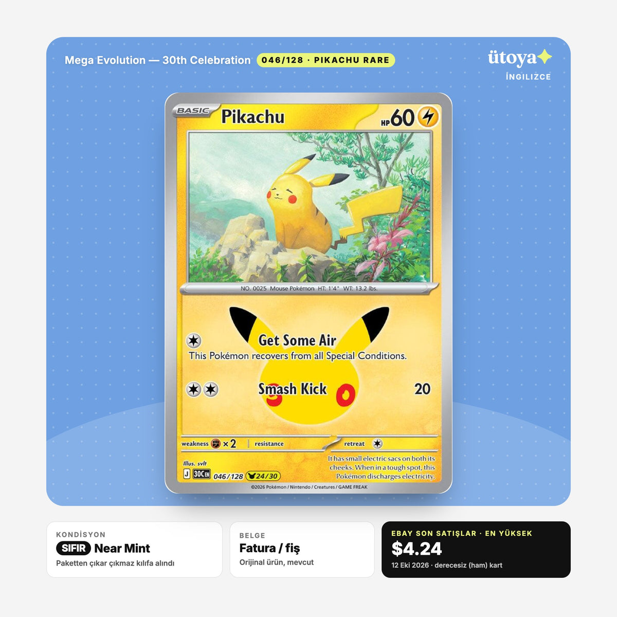Pikachu 046/128 30th Celebration Pokémon kartı