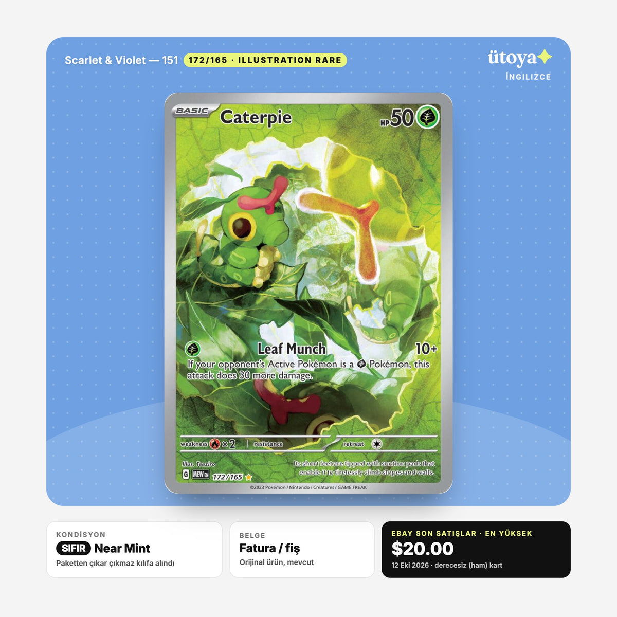 Caterpie 172/165 151 Pokémon kartı