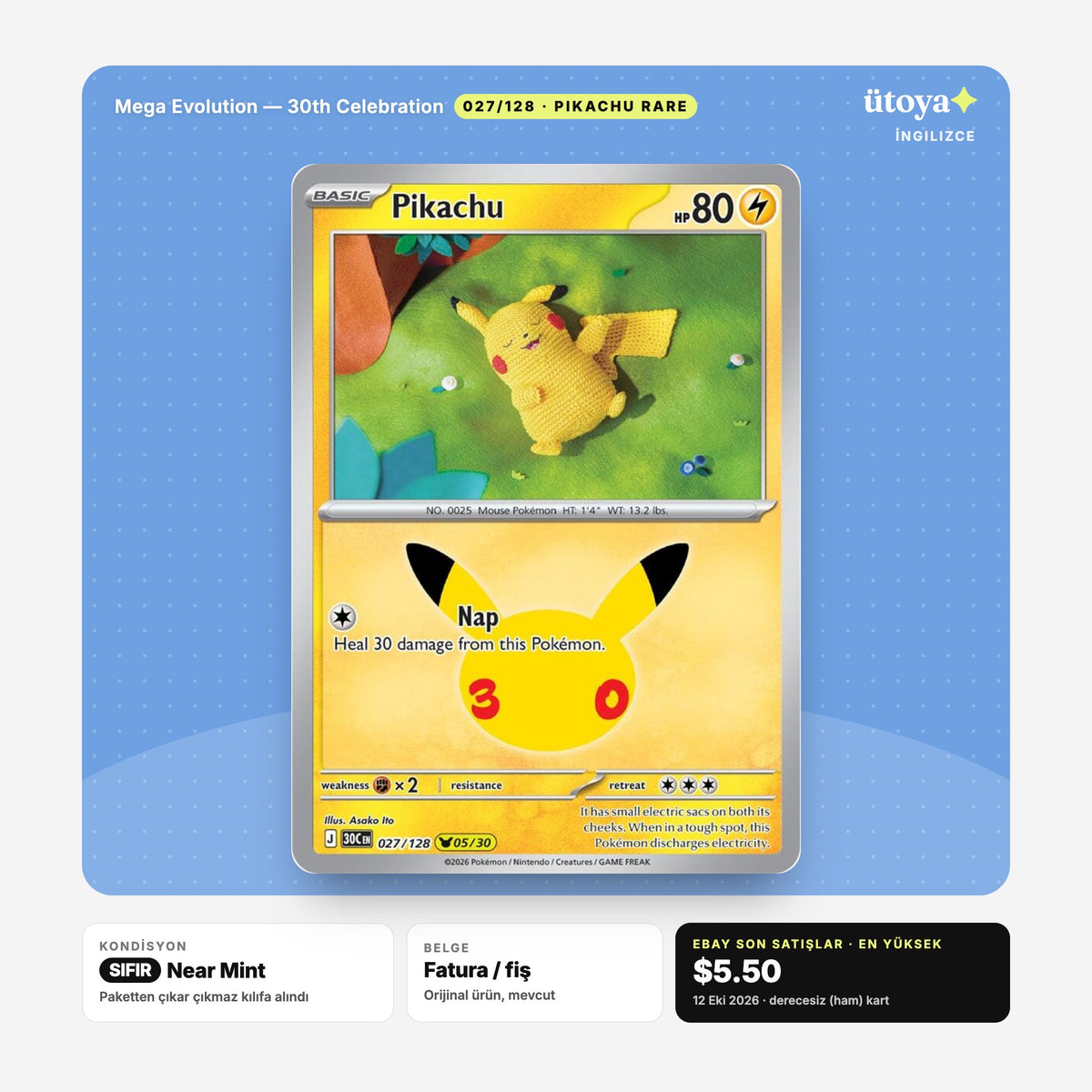 Pikachu 027/128 30th Celebration Pokémon kartı