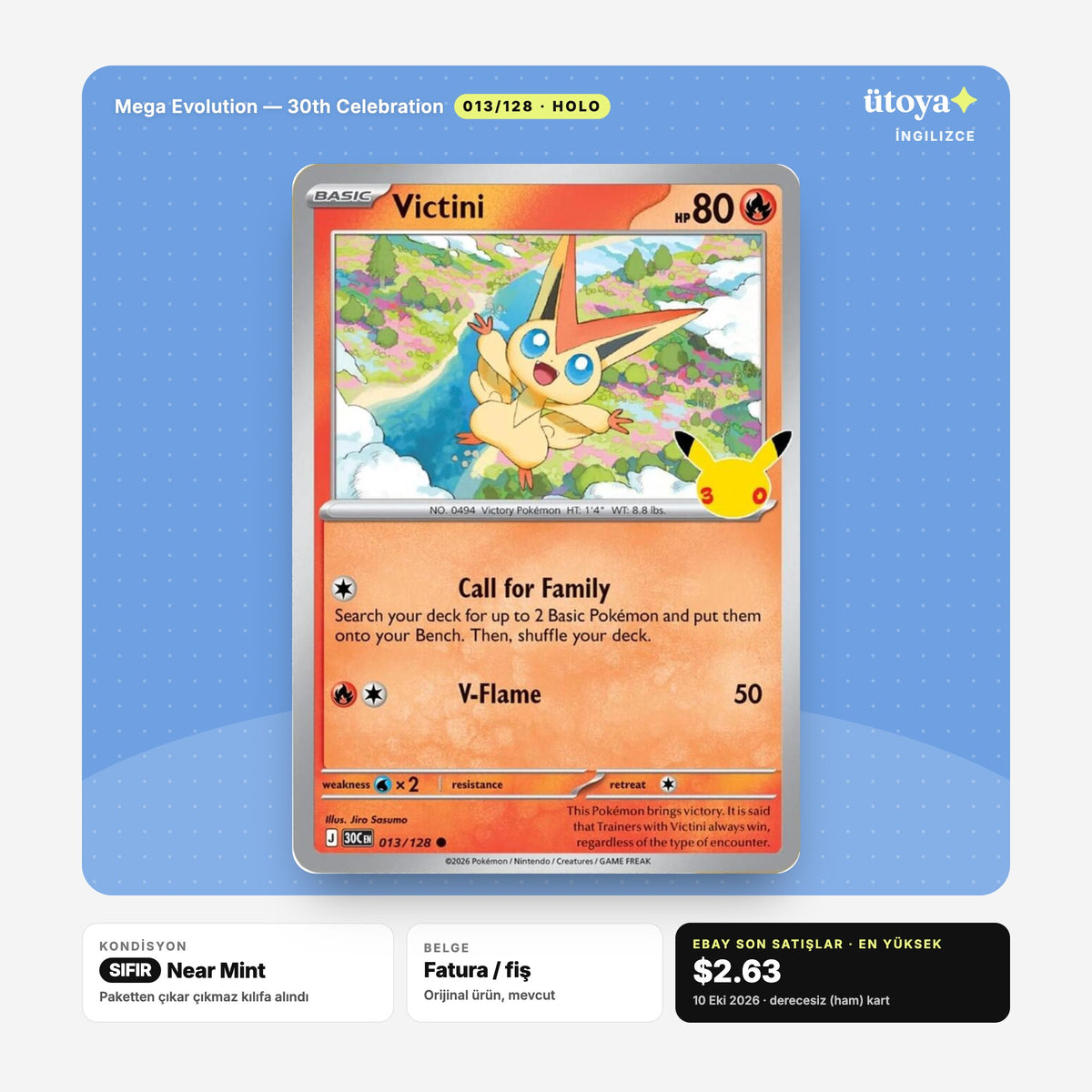 Victini 013/128 30th Celebration Pokémon kartı