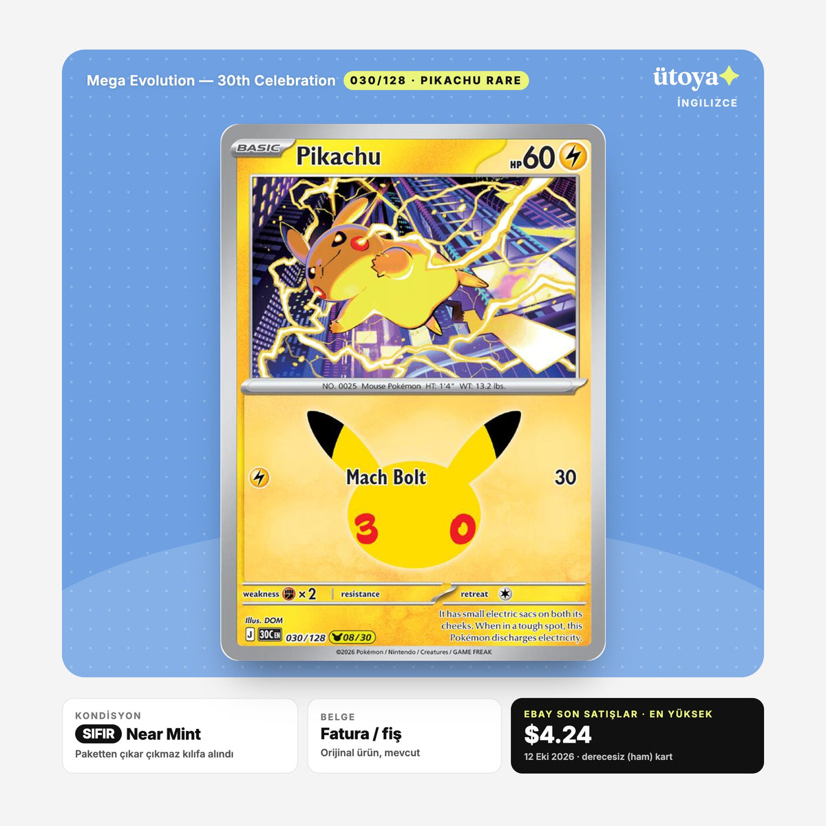 Pikachu 030/128 30th Celebration Pokémon kartı