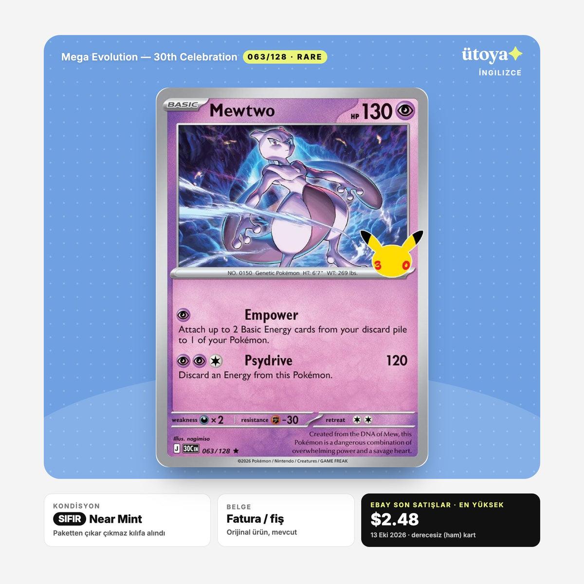 Mewtwo 063/128 30th Celebration Pokémon kartı