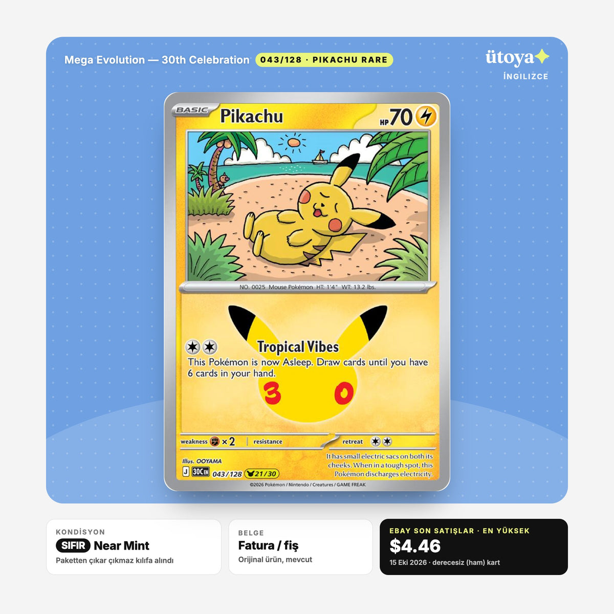 Pikachu 043/128 30th Celebration Pokémon kartı
