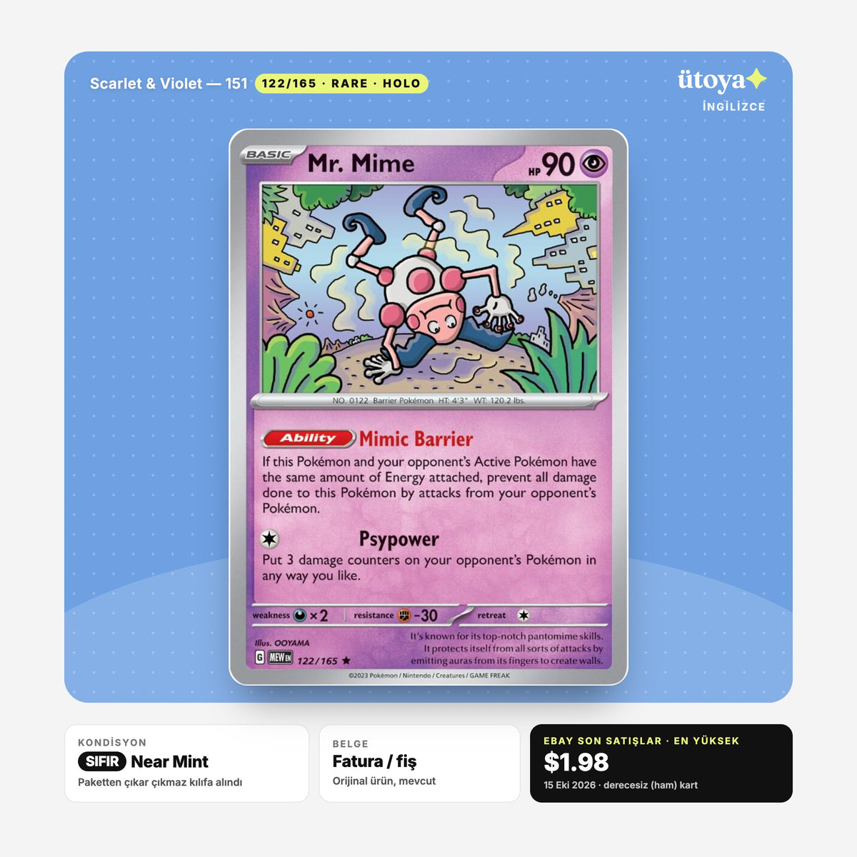 Mr. Mime 122/165 151 Pokémon kartı