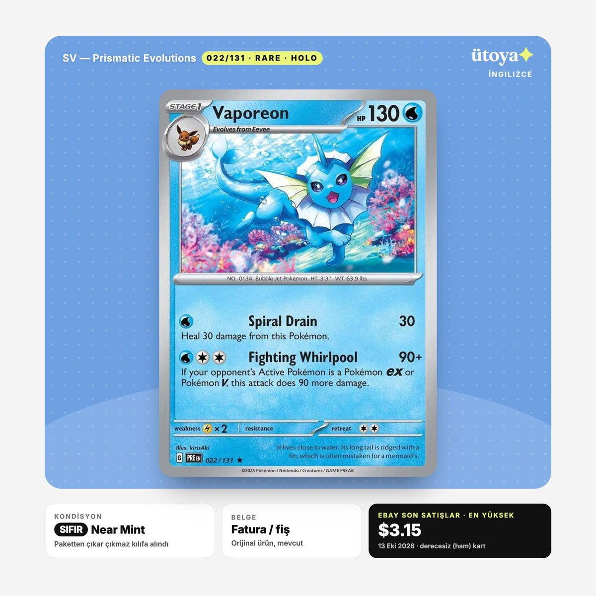Vaporeon 022/131 Prismatic Evolutions Pokémon kartı