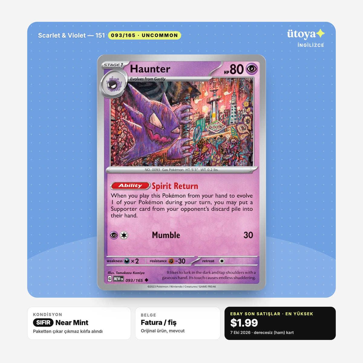 Haunter 093/165 151 Pokémon kartı